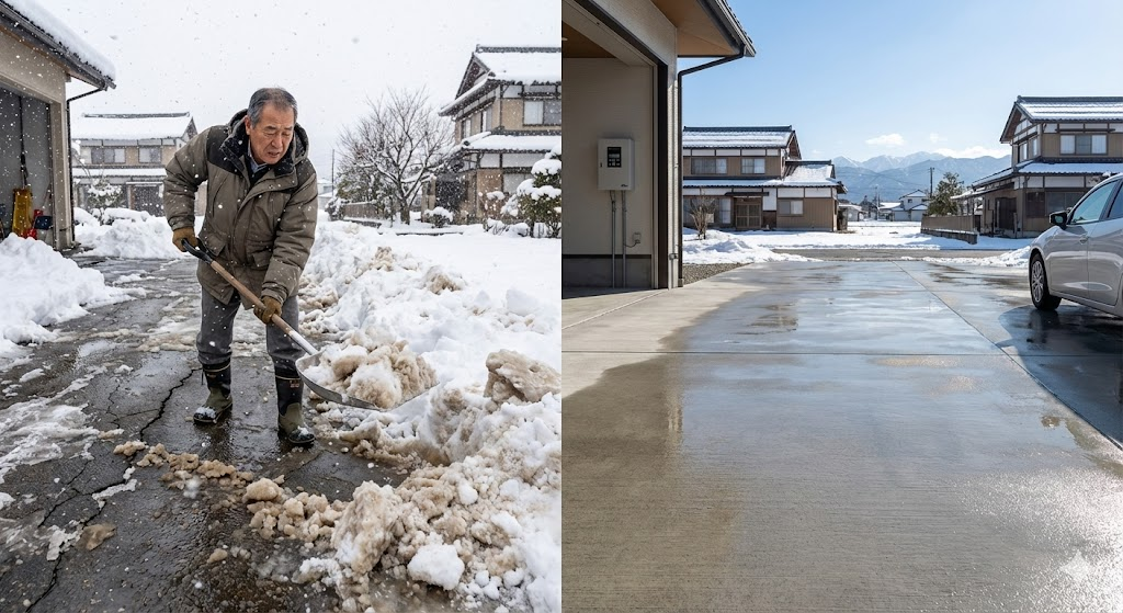 会津若松の冬、雪が積もった駐車場で雪かきをする様子と、除雪された綺麗なコンクリート駐車場のイメージ
