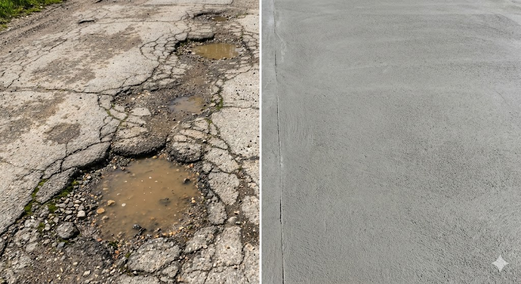 経年劣化したアスファルトのひび割れと、綺麗な状態が続くコンクリートの表面比較。
