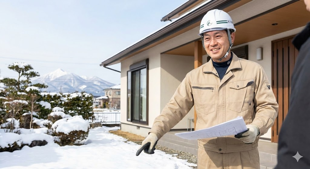 作業服を着たプロのスタッフが、家の前で図面を持ちながら現地調査を行っている様子。