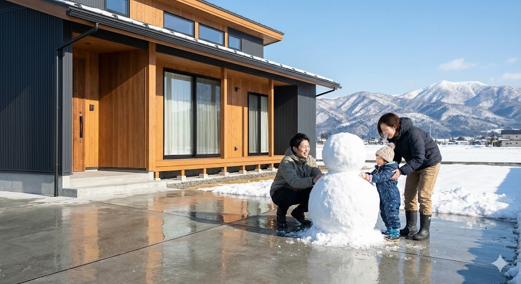 雪が積もった会津の新築住宅の前で、若い夫婦と小さな子供が笑顔で雪だるまを作っている様子。駐車場は綺麗に除雪されたコンクリート。
