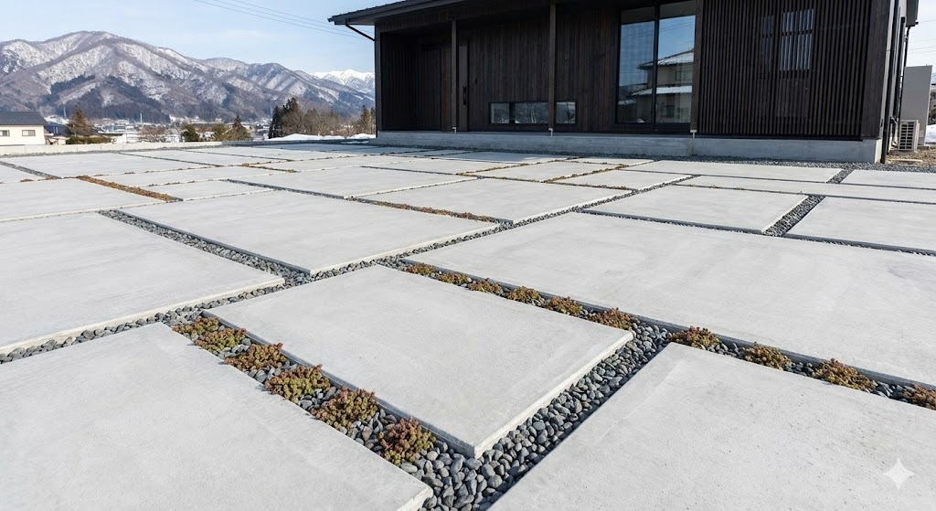 スタイリッシュな新築住宅のコンクリート駐車場。目地に砂利や植物を入れたおしゃれなデザイン例。