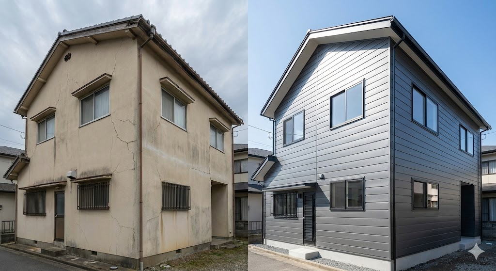外壁リフォームのビフォーアフター。色褪せた外壁が、モダンで美しい金属サイディングの家に生まれ変わった比較写真