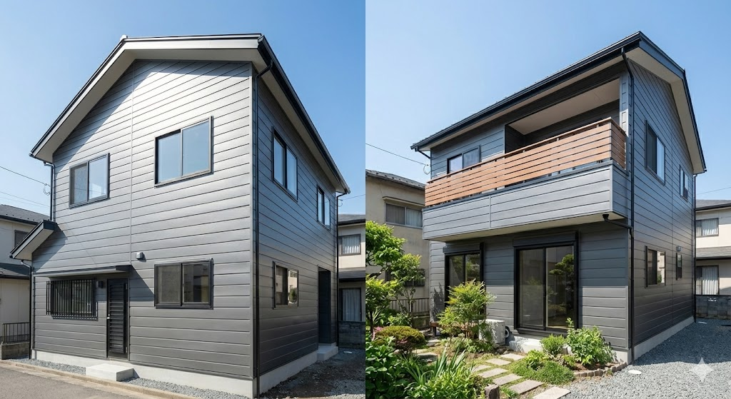 I様邸の外壁リフォーム完了後の外観。落ち着いたグレーの金属サイディングと、木目調のバルコニー手すりが調和したモダンなデザイン。