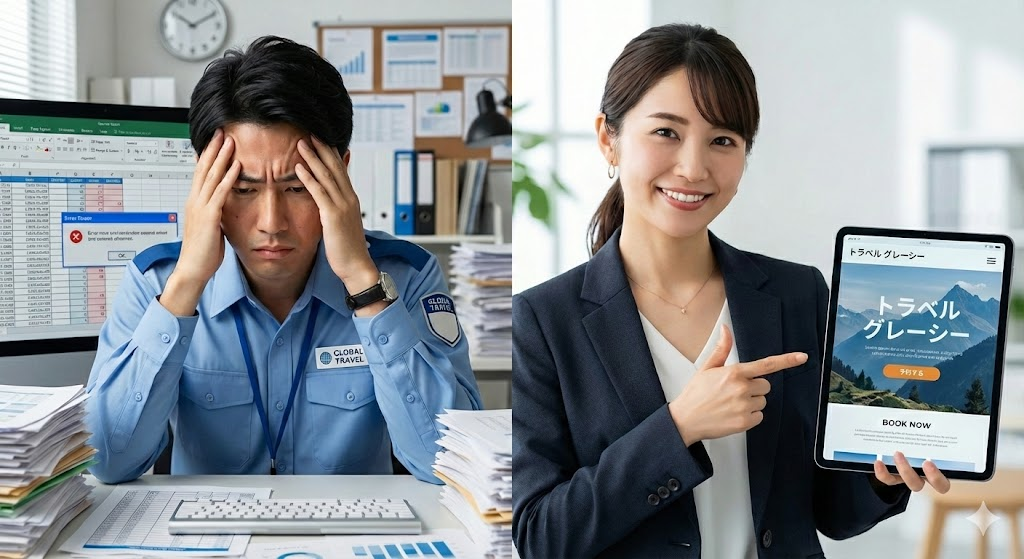 パソコンの画面に美しい旅行先の風景と予約管理画面が表示されており、悩む旅行会社担当者と、それをサポートするWebデザイナーの様子。