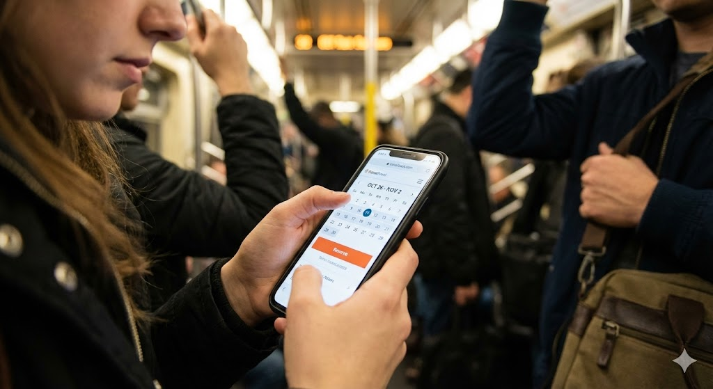 電車内でスマートフォンを見ながら、旅行サイトの予約画面を操作している女性の手元。画面が見やすく、ボタンが押しやすいデザインになっている。