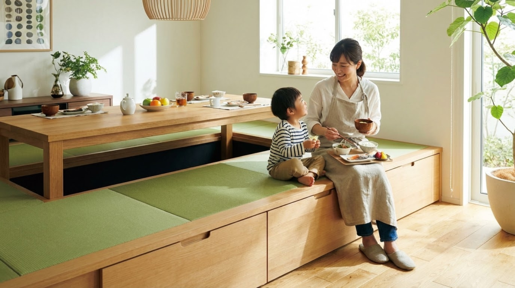 ダイニングテーブルの横に設置された畳が丘。家族がベンチのように座って食事を楽しんでいる様子。