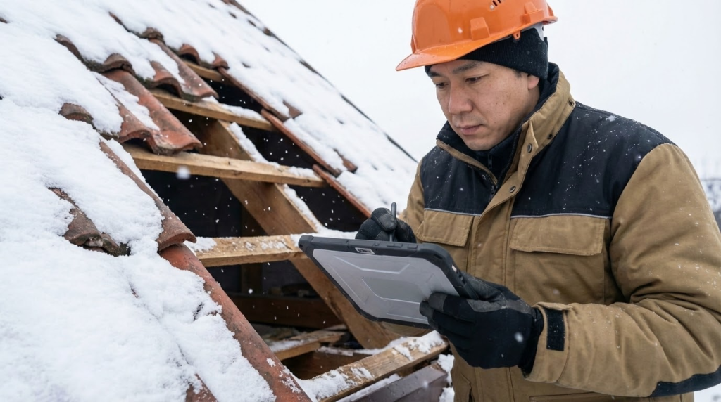 ヘルメットを被った作業員が、雪で破損した屋根の状態を真剣にチェックしている様子