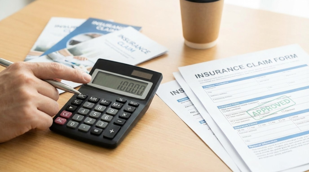 電卓と保険証券の書類、そして安心した表情でOKサインを出す手元のイメージ