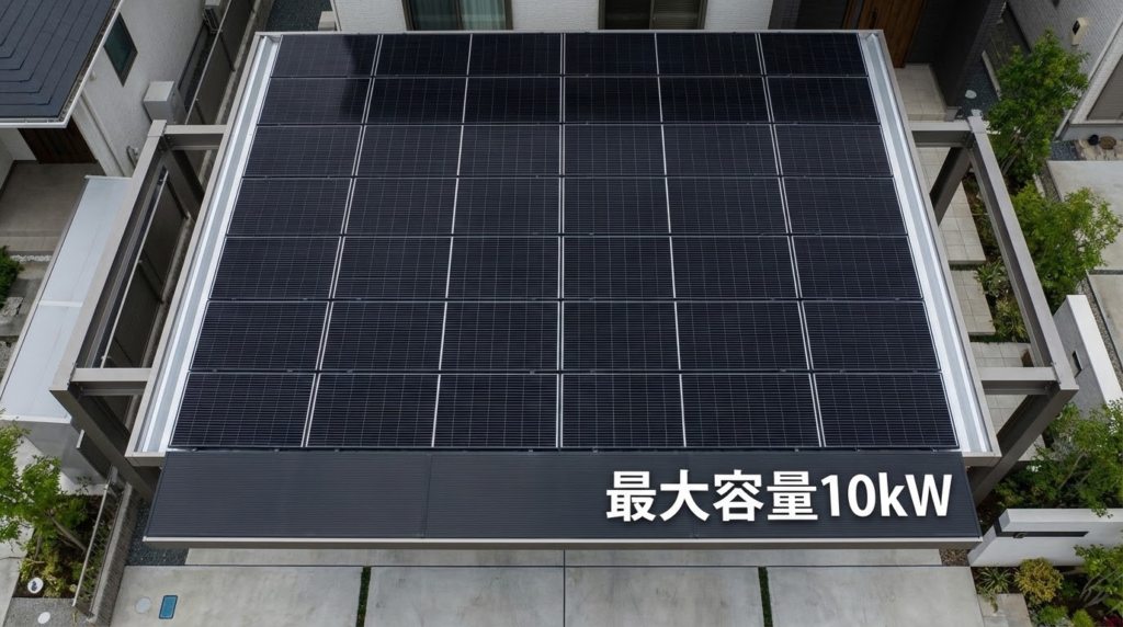 4台用の広いカーポート屋根に整然と並べられた大容量の太陽光パネルの俯瞰画像