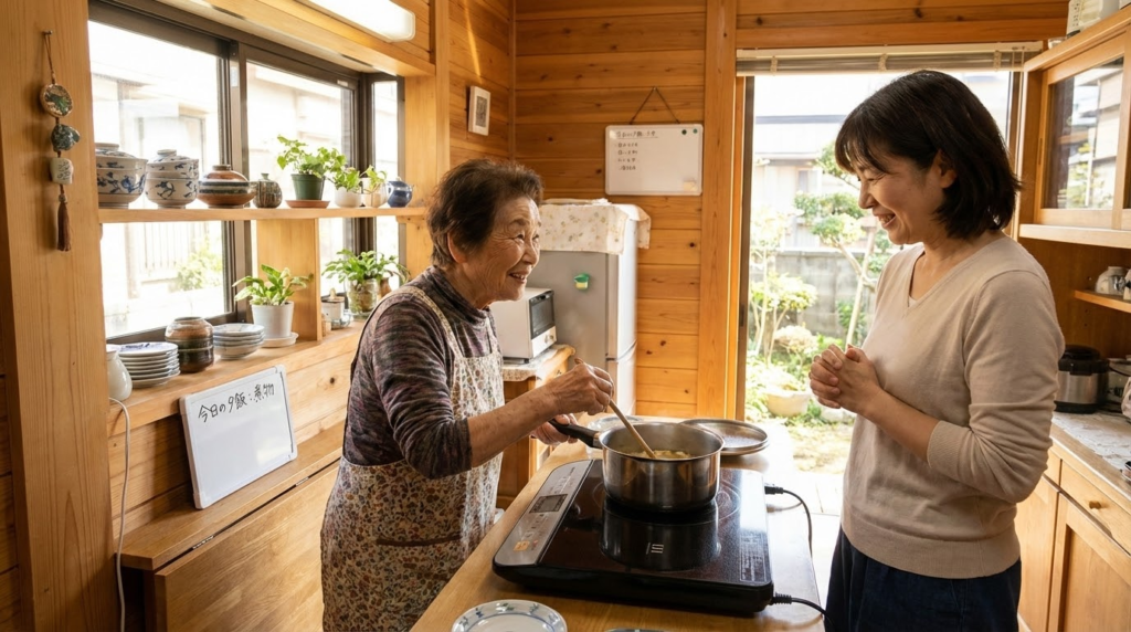 笑顔の高齢女性が、キッチンでIHクッキングヒーターを使って楽しそうに料理をしている様子。