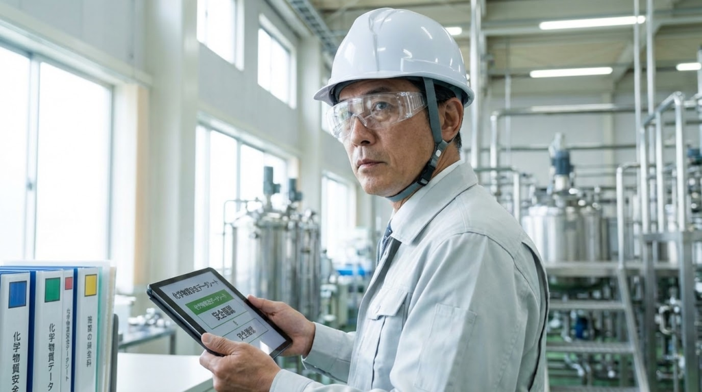 工場で安全保護具を着用し、真剣に安全データシート（SDS）を確認する現場責任者の姿。