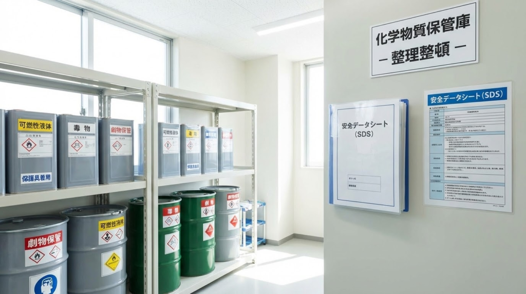 色分けされたラベルで整理された化学物質の保管棚と、その横に掲示された見やすい安全管理ポスター。