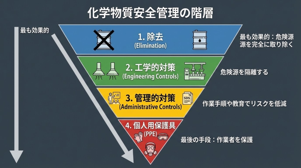 化学物質管理における対策の優先順位を示すピクトグラム（1.除去、2.工学的対策、3.管理的対策、4.個人用保護具）