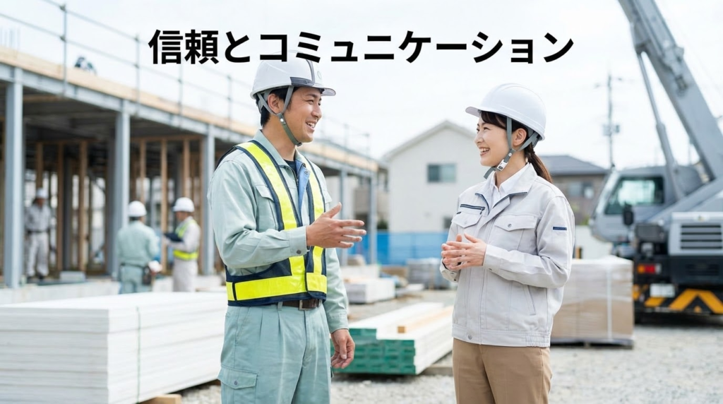 工事現場でヘルメットを被った作業員と管理者が、和やかに会話を交わしている様子