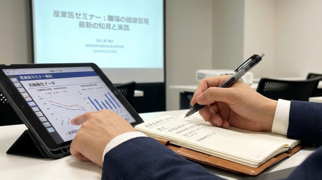 研修会の会場で資料を確認しながら熱心にメモを取る参加者の手元とタブレット。