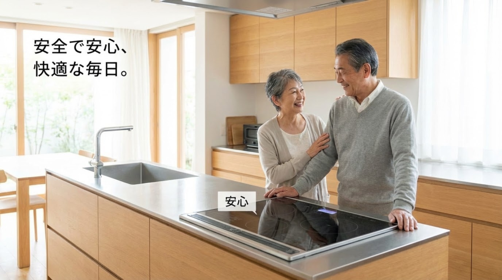 明るく整理整頓されたキッチンで、IHクッキングヒーターを使いながら穏やかに微笑むシニア世代の夫婦。