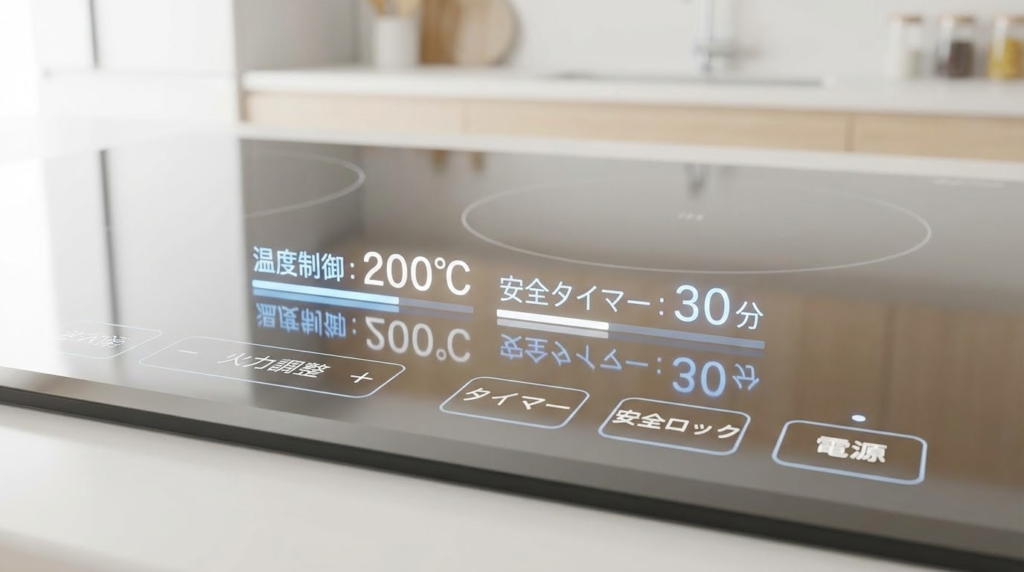 IHクッキングヒーターの操作パネルにある「揚げ物温度調節」や「タイマー」の表示部分のアップ。