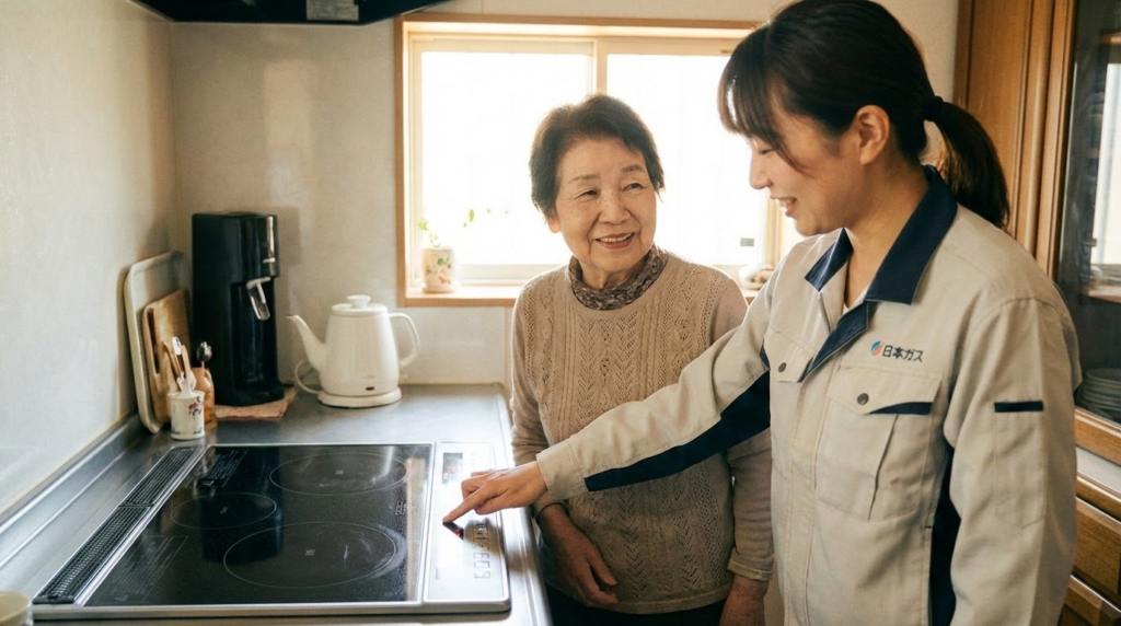 柔らかな光が差し込むキッチンで、操作パネルを指差しながら、優しく微笑む高齢女性とホームアドバイザー。