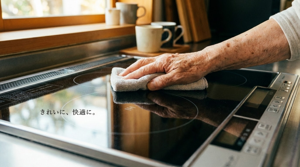  IHのフラットな表面を、台拭きでサッと拭き取るシニアの手。